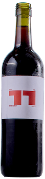 A dark red, wine bottle that has a white label with a red, bold 11 on it. The rest of the font is arranged around the 11. There`s wine in it and no cork