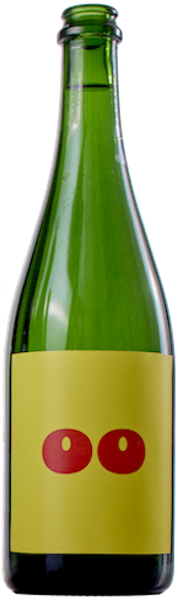 A green and round-bodied wine bottle with a yellow label on it that has two red Os on it. There`s wine in it and no cork
