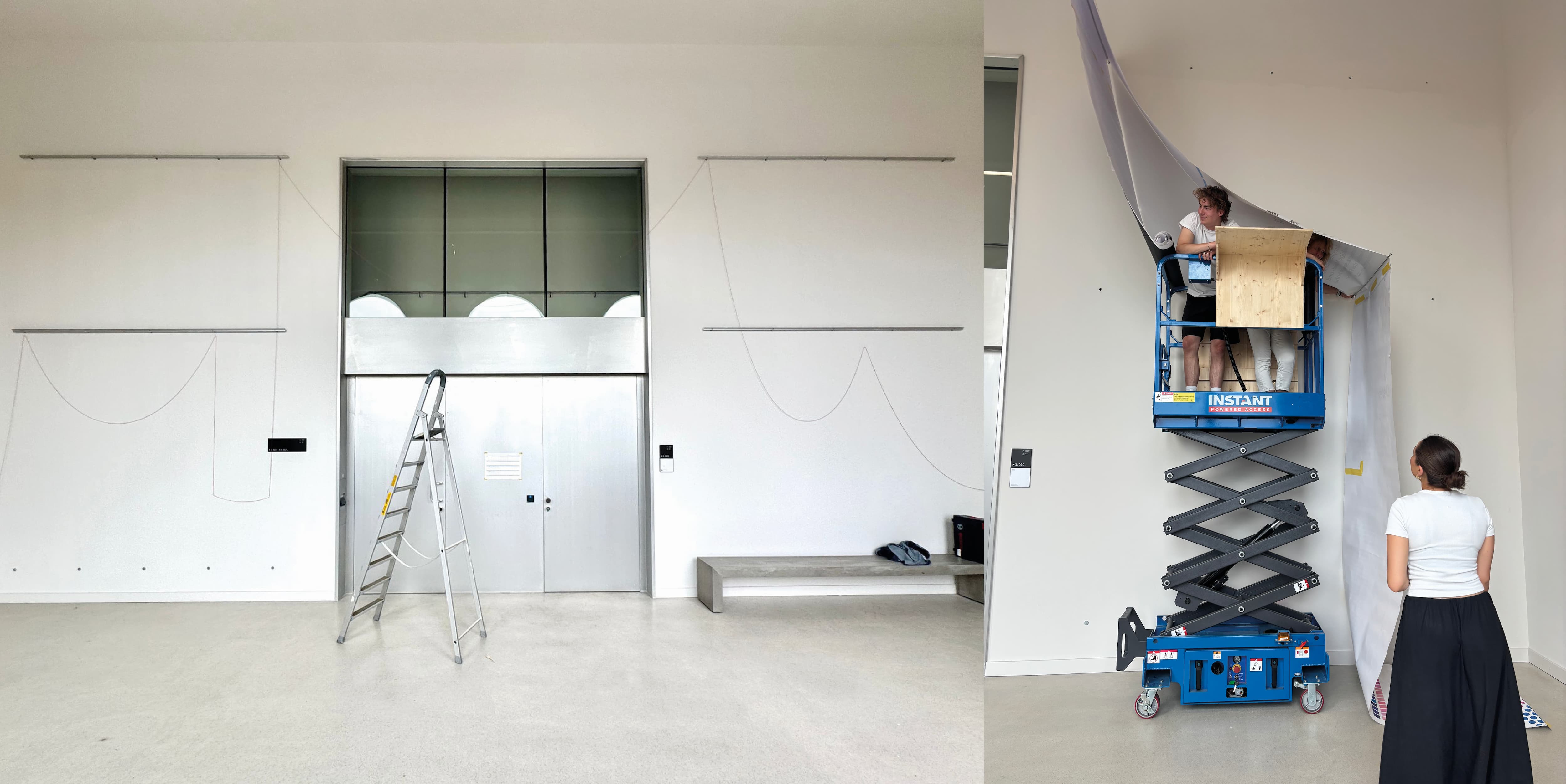 Two images, the left one shows a wall, a big silver door and a silver ladder infront of that door. The right image shows a hydraulic ramp with a young, dark blond man on it and a girl with dark hair that stands infront of it, with her back to the camera, shes wearing a white tshirt and a black, long skirt. A Banner is hanging above the hydraulic ramp