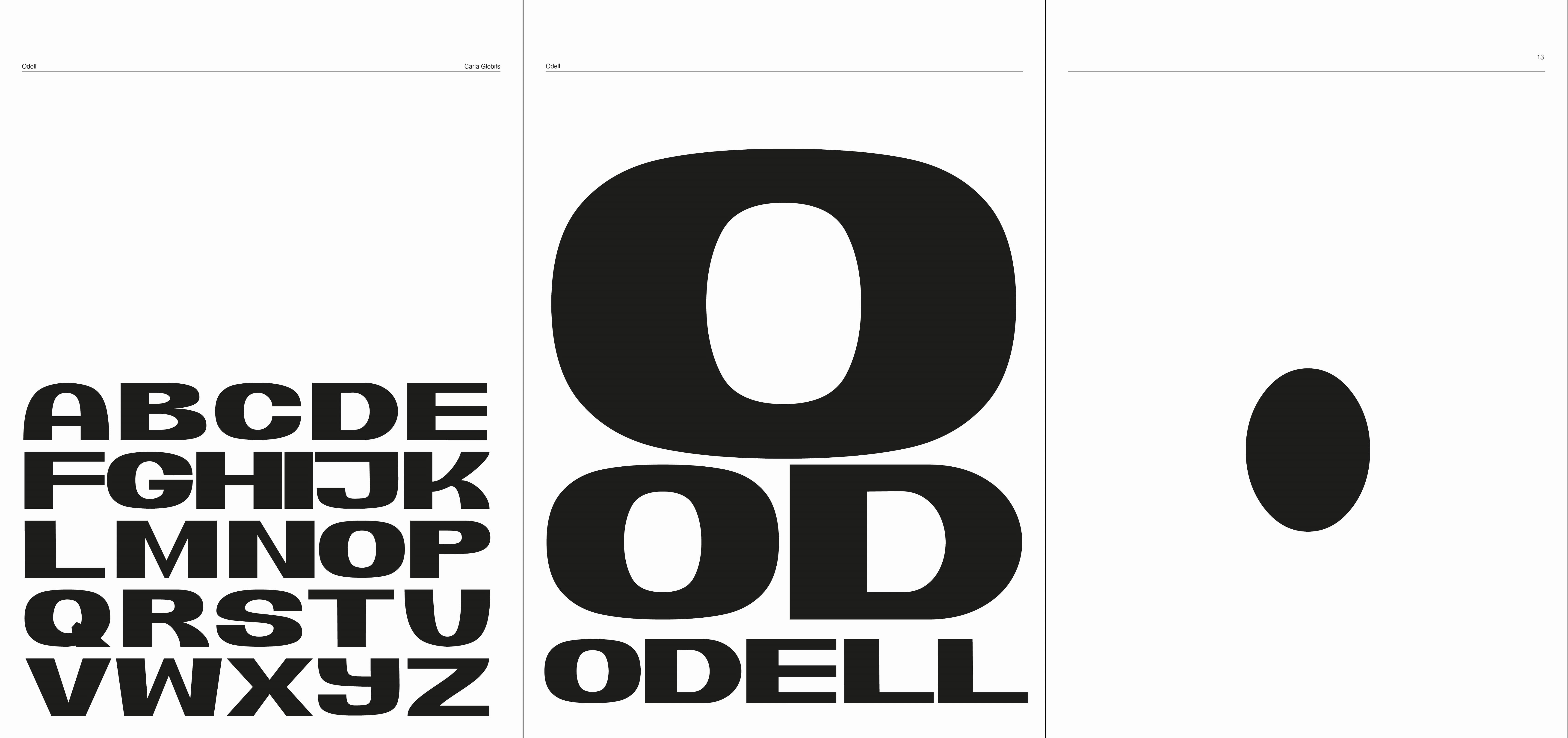 Three images, showing pages from A specimin. The 1rst page from the left has the Alphabet in Caps. It is arranged in a block and on the lower half of the page. The second Image has 'Odell' written on it, the o is on top and big, the 'od' is in the middle and a little smaller and 'Odell' is beneath and a little smaller. The 3rd page has a big black dot in it's center