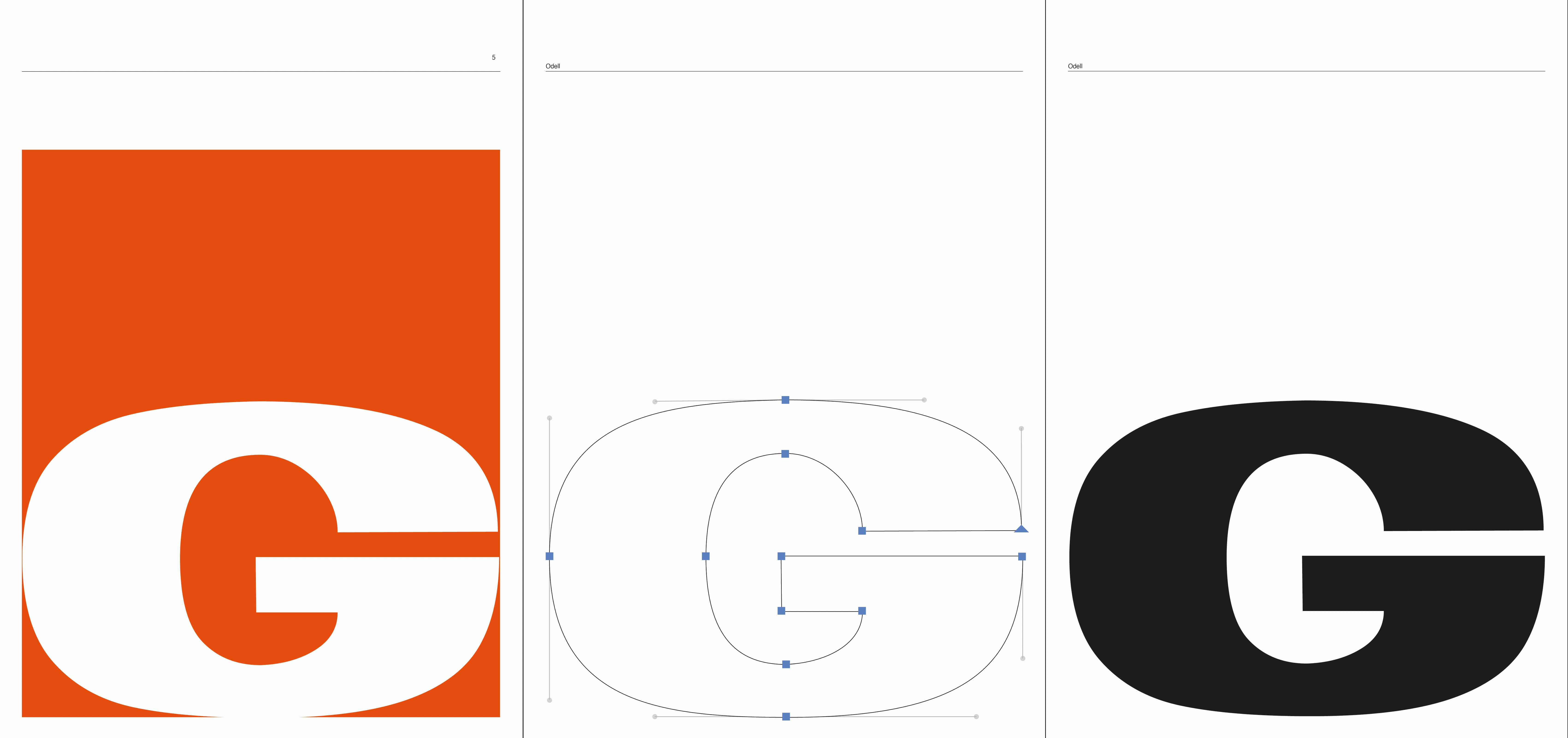 Three images, showing pages from A specimin. The 1rst page from the left has an orange background and a white, big G on it. The 2nd page shows the same G in beziers on a white background. The 3rd page shows the G in black on a white background