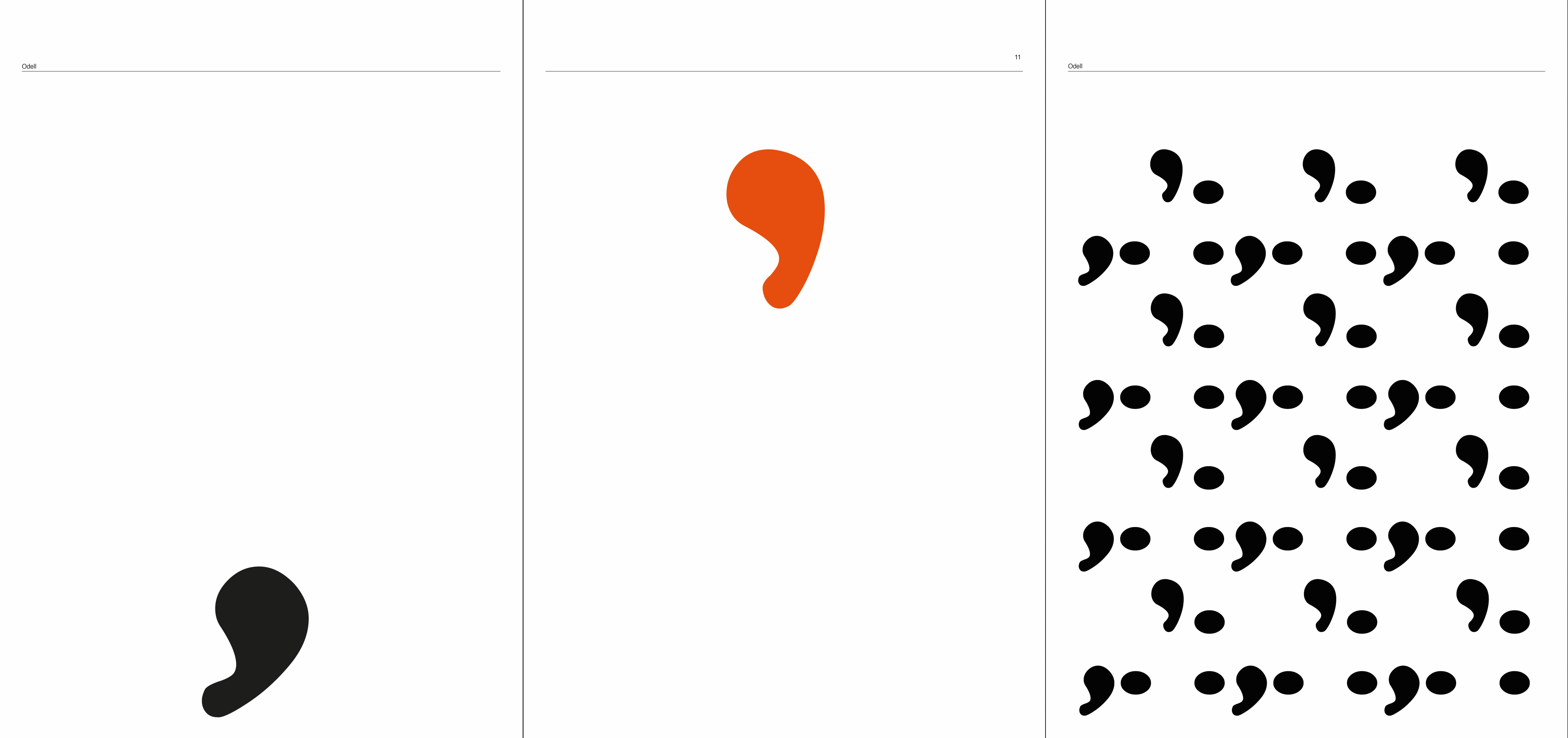 Three images, showing pages from A specimin. The 1rst page from the left has a lower, black comma on the lower half of the page. The 2nd page showes an orange, upper quotation mark on the upper half of the page. The 3rd page has dots, kommas and quotation marks arranged in a pattern on it