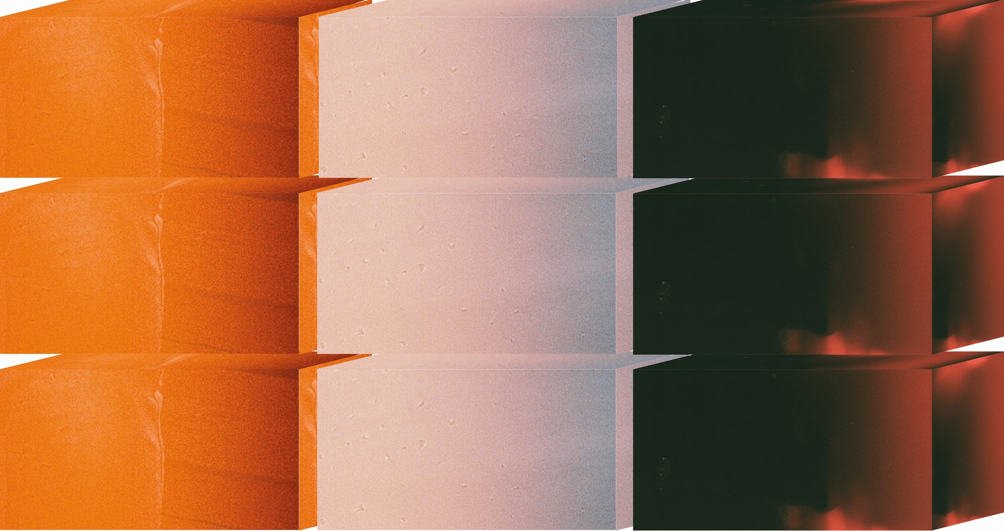 thee stacks of three cubes each.The first stack is orange, the second pink and the third is dark red