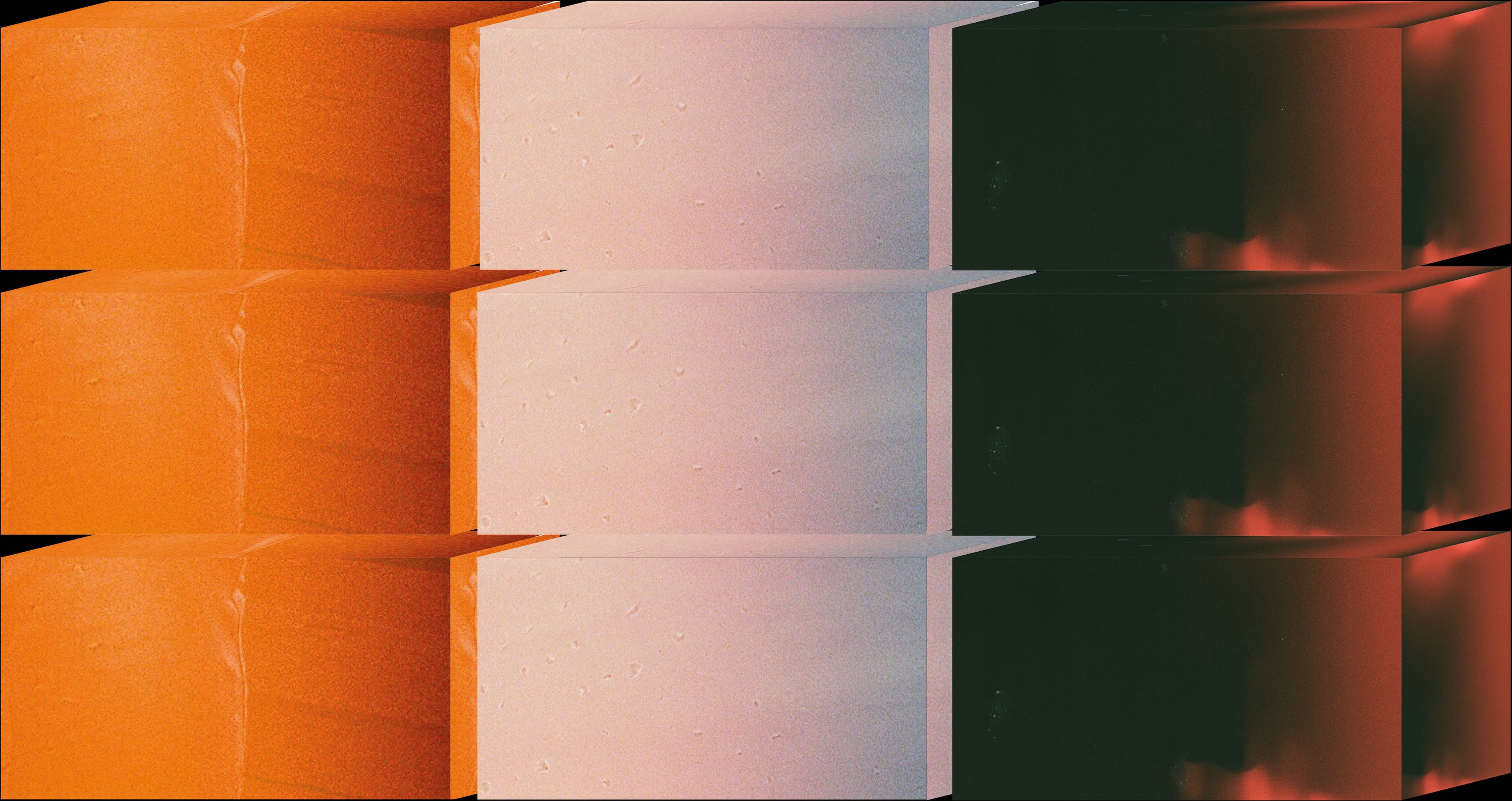 thee stacks of three cubes each.The first stack is orange, the second pink and the third is dark red